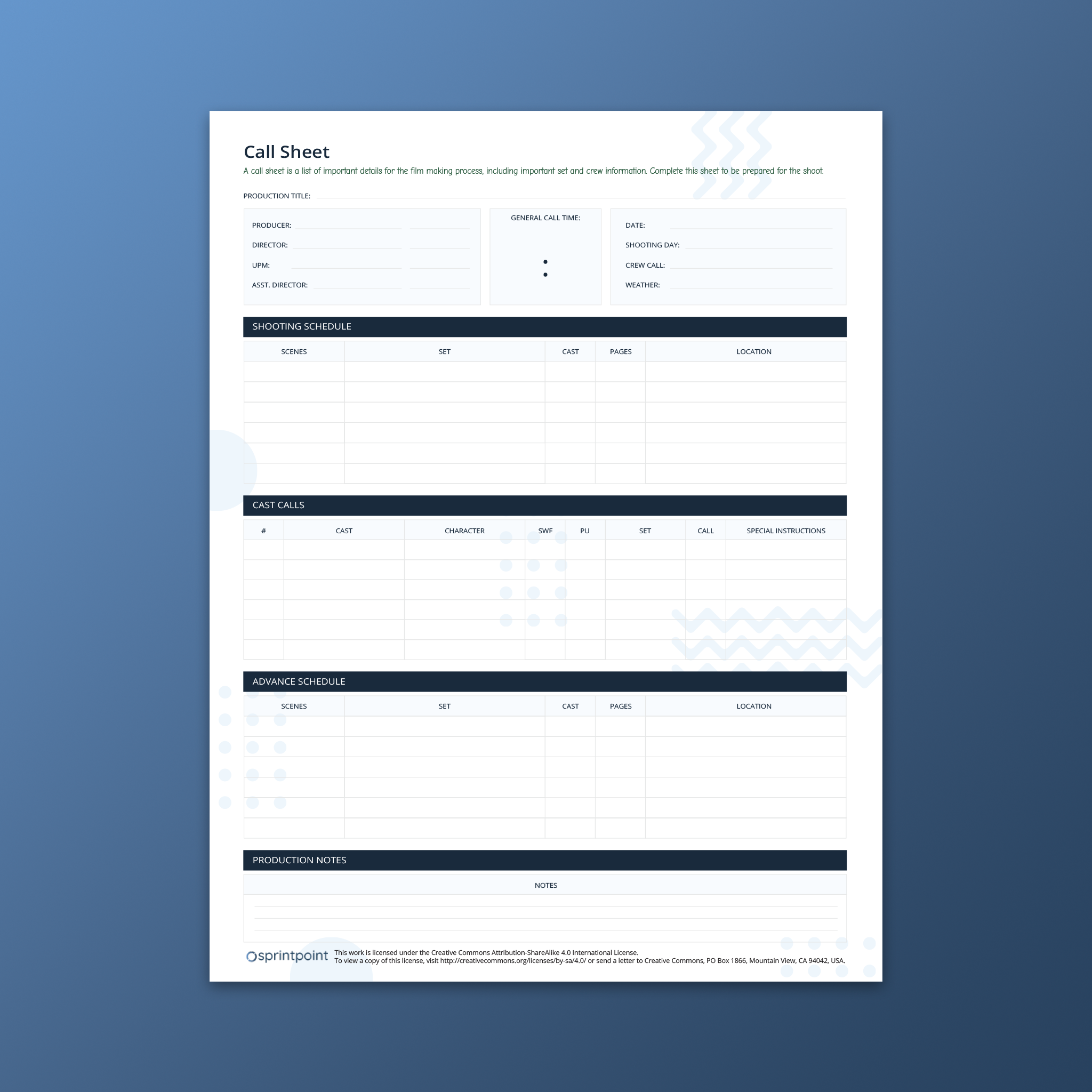 Call Sheet Layout